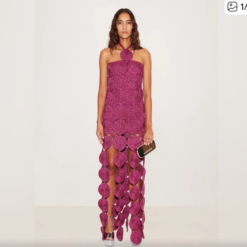 Simon Miller Strapless Magenta Crochet Fringe Maxi Dress